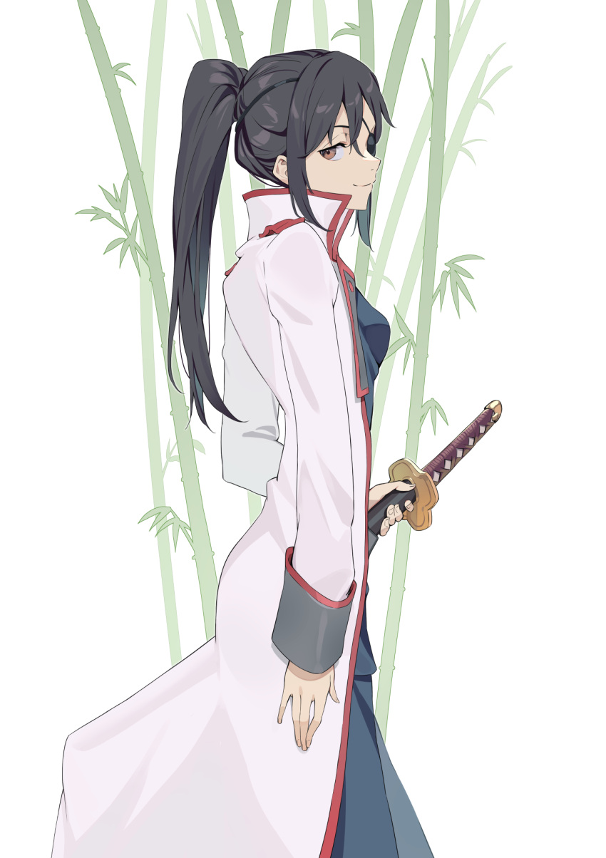 bamboo black_hair brown_eyes coat eyepatch female gintama highres holding holding_sword holding_weapon ibaraki_shun katana looking_back ponytail smile solo sword weapon yagyuu_kyuubei