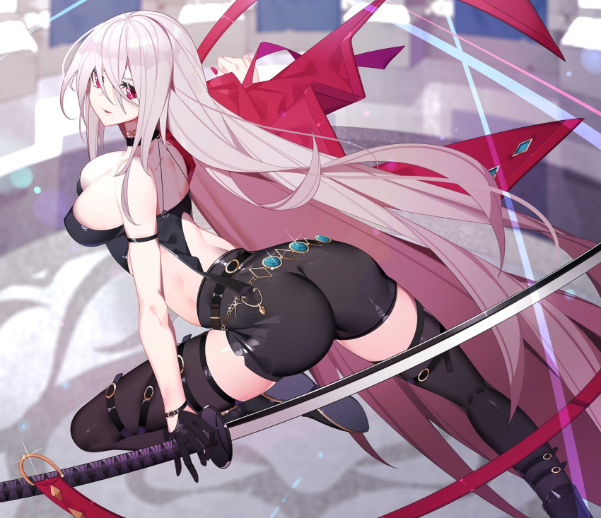 back_cutout boots clothing_cutout dungeon_and_fighter female female_slayer_(dungeon_and_fighter) full_body holding holding_sword holding_weapon jewelry jumping long_hair looking_at_viewer nami_qi parted_lips red_eyes red_nails shorts solo spectre_(dungeon_and_fighter) sword thighhighs weapon white_hair