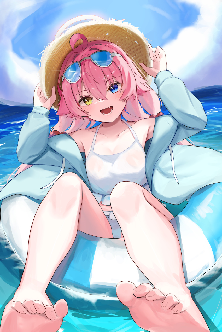 absurdres ahoge barefoot bikini blue_archive blue_eyes blue_jacket blush day eyewear_on_head feet female foreshortening hair_between_eyes hair_bobbles hair_ornament halo hat heterochromia highres hoangryu hoshino_(blue_archive) hoshino_(swimsuit)_(blue_archive) innertube jacket long_hair low_twintails ocean official_alternate_costume open_clothes open_jacket open_mouth outdoors pink_hair smile soles solo straw_hat swim_ring swimsuit toes twintails water white_bikini yellow_eyes