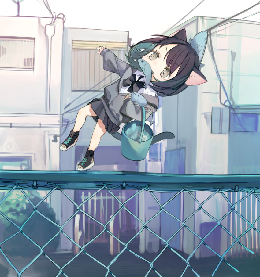 animal_ears animal_on_head black_bow black_bowtie black_footwear black_hair black_skirt boukou-chan_(tokiwata_soul) bow bowtie bucket carrying carrying_under_arm cat_ears cat_girl cat_tail chain-link_fence chibi collared_shirt commentary_request day falling female fence fish green_hair grey_jacket highres holding jacket long_sleeves mini_person minigirl mouth_hold multicolored_hair off_shoulder on_head original outdoors pleated_skirt shirt shoes short_hair skirt solo tail toeless_footwear tokiwata_soul two-tone_hair walking water white_shirt