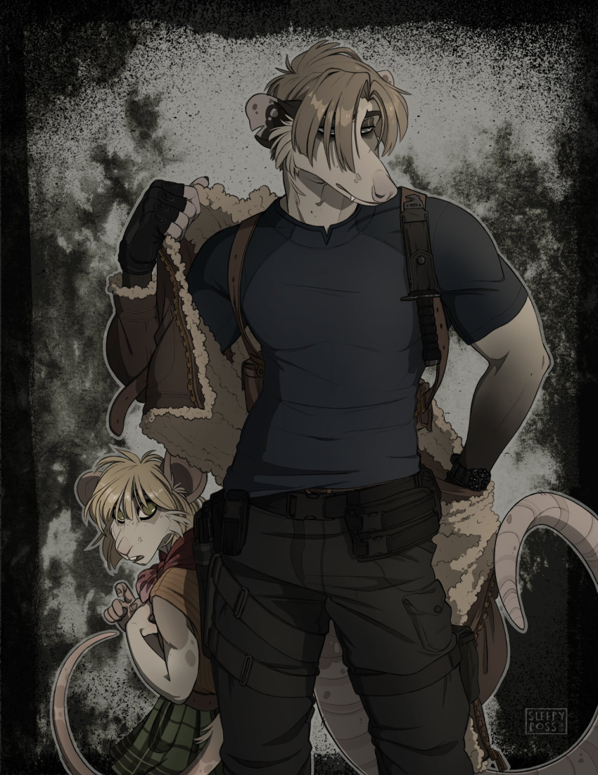 2023 alternate_species american_opossum anthro ashley_graham_(resident_evil) biped blonde_hair bottomwear capcom clock clothed clothing duo female furrification green_eyes hair hi_res jacket leon_kennedy male mammal marsupial mouse moushley murid murine pants putting_on_clothes resident_evil rodent shirt sleepy_poss topwear virginia_opossum watch