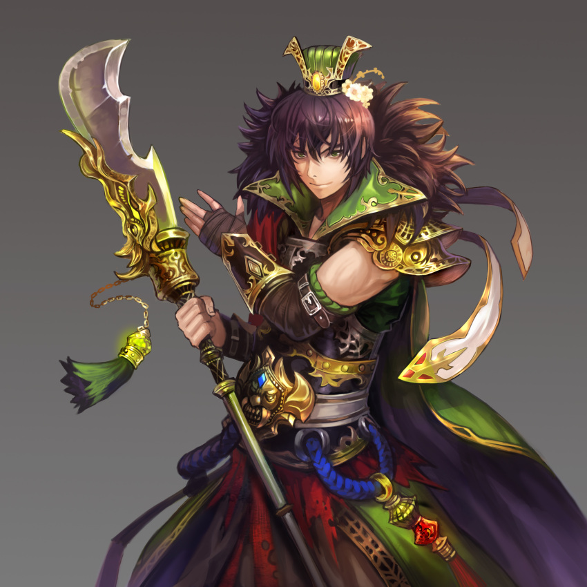 1boy absurdres brown_hair commission fur_trim gradient_background green_eyes green_headwear grey_background guan_dao highres holding holding_polearm holding_weapon male_focus pingffy polearm short_hair standing weapon