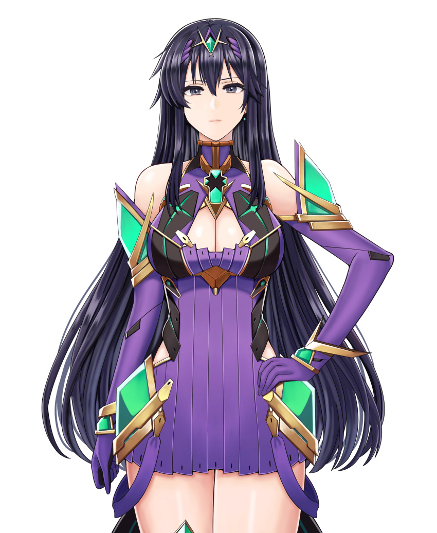 absurdres adapted_costume alternate_color ayra_(fire_emblem) bare_legs bare_shoulders black_hair breasts chest_jewel cleavage cleavage_cutout clothing_cutout cosplay cowboy_shot dress earrings elbow_gloves expressionless female fire_emblem fire_emblem:_genealogy_of_the_holy_war gloves grey_eyes hand_on_own_hip highres jewelry large_breasts long_hair looking_at_viewer mythra_(xenoblade) mythra_(xenoblade)_(cosplay) purple_dress purple_gloves saikunartworks short_dress simple_background solo tiara very_long_hair white_background xenoblade_chronicles_(series) xenoblade_chronicles_2