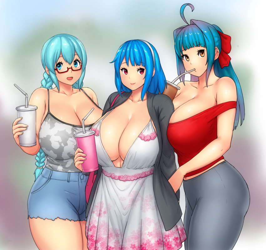 3girls ahoge aqua_hair blue_eyes blue_hair blue_shorts blunt_bangs blurry blurry_background borrowed_character breasts brown_eyes camisole cleavage commentary dress drink drinking english_commentary erkaz floral_print glasses grey_camisole hair_ribbon hand_up highres holding holding_drink huge_breasts inchou_(kaitsu_tokiyas) long_hair looking_at_viewer midriff multiple_girls navel original print_dress ran_(kaitofuuma) red_eyes red_ribbon ribbon rina_atherina semi-rimless_eyewear shirt_tucked_in shorts sidelocks smile under-rim_eyewear very_long_hair watashi_no_inchou_desu!! white_dress