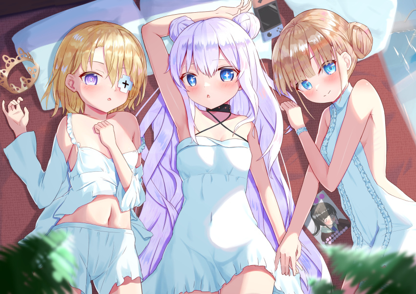 +_+ 3girls :< absurdres azur_lane blonde_hair bloomers blue_eyes breasts commentary covered_navel criss-cross_halter crown double_bun dress eyepatch grey_hair hair_bun halter_dress halterneck highres holding_hands humo le_malin_(azur_lane) le_malin_(sleepy_sunday)_(azur_lane) le_terrible_(azur_lane) le_terrible_(silence_slumber_and_solace)_(azur_lane) le_triomphant_(azur_lane) long_hair lying meme_attire multiple_girls navel nintendo_switch on_back open_mouth pajamas photo_(object) pillow purple_eyes ribs short_hair sideboob small_breasts stomach sundress sweater triangle_mouth underwear very_long_hair virgin_killer_sweater white_dress white_sweater