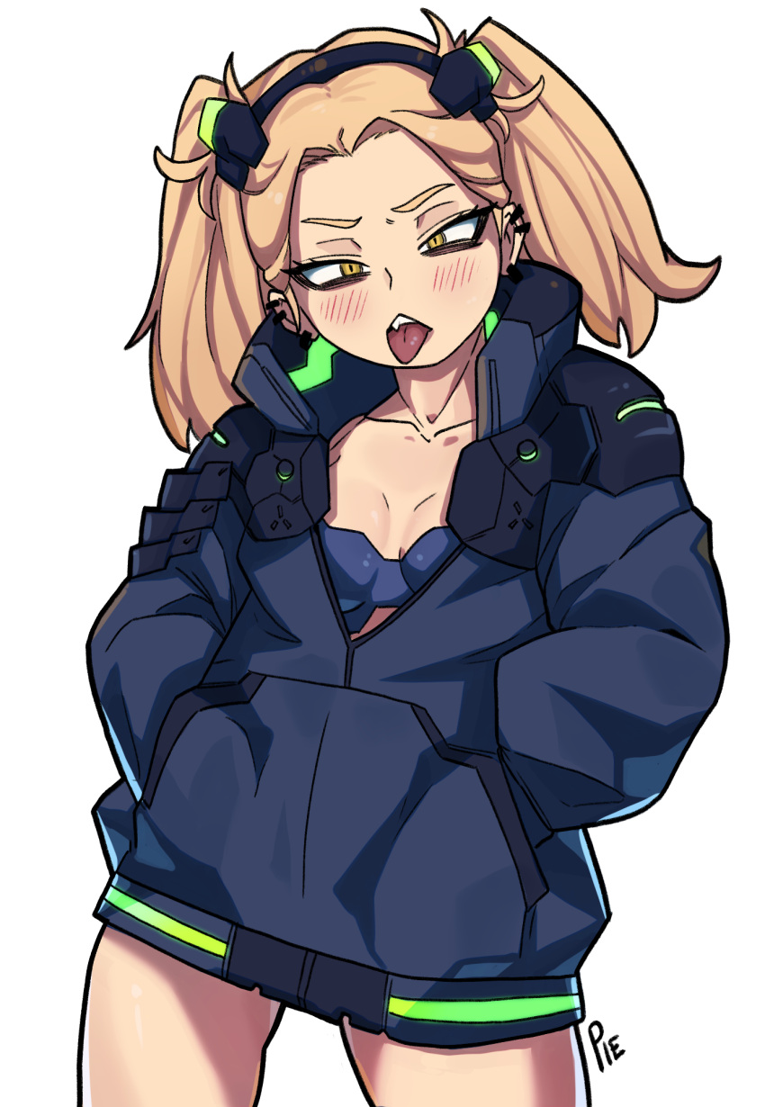 black_hairband blonde_hair boku_no_hero_academia bra breasts cosplay cowboy_shot cyberpunk_(series) cyberpunk_edgerunners ear_piercing female hair_ornament hairband half-closed_eyes hands_in_pockets headgear highres hood hoodie long_sleeves looking_at_viewer open_mouth piercing rebecca_(cyberpunk) rebecca_(cyberpunk)_(cosplay) simple_background solo toga_himiko tongue tongue_out twintails underwear unusualpie white_background yellow_eyes