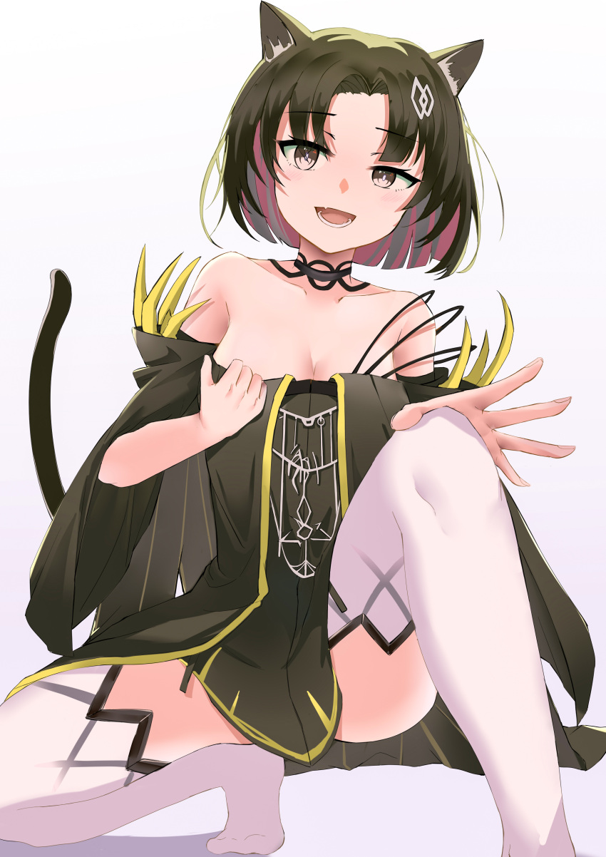 :d absurdres animal_ears arknights astonfe bare_shoulders black_choker black_dress black_hair breasts cat_ears choker cleavage commentary_request dress female gradient_background grey_background grey_eyes highres long_sleeves looking_at_viewer mandragora_(arknights) medium_breasts no_shoes off-shoulder_dress off_shoulder open_mouth short_dress short_hair smile solo thighhighs thighs white_thighhighs wide_sleeves