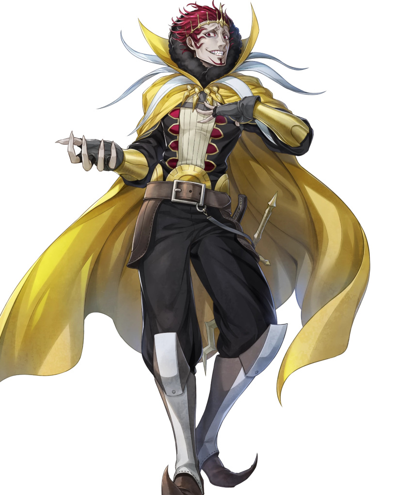 1boy argon_(exys) beard belt boots cape facial_hair fingerless_gloves fire_emblem fire_emblem_awakening fire_emblem_heroes full_body fur_trim gangrel_(fire_emblem) gloves highres male_focus non-web_source official_art red_eyes red_hair solo sword teeth tiara transparent_background weapon