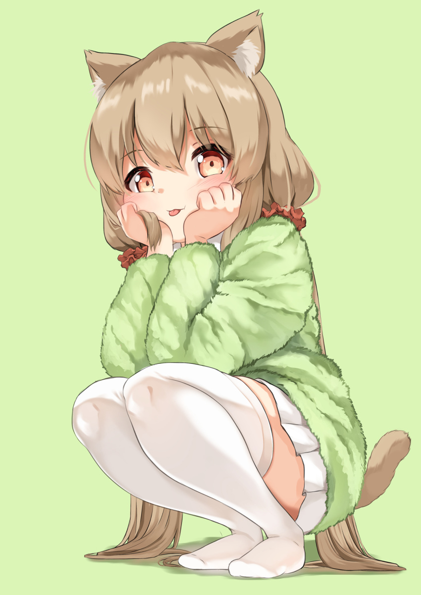 :p animal_ear_fluff animal_ears blush brown_hair cat_ears cat_girl cat_tail commentary constricted_pupils eyelashes female frilled_skirt frills full_body green_background green_sleeves green_sweater hair_between_eyes hair_ornament hands_on_own_face highres koruri-chan_(sora) lolicon long_hair long_sleeves looking_at_viewer no_shoes orange_eyes original scrunchie shadow simple_background skirt solo sora_(silent_square) squatting sweater tail thighhighs thighs tongue tongue_out twintails very_long_hair white_skirt white_thighhighs