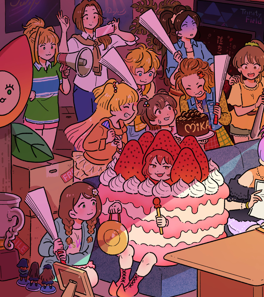 6+girls :3 akagi_miria akanishi_erika cake cake_costume cathy_graham character_name chocolate_cake couch cropped figure finger_to_mouth food hand_fan highres hino_akane_(idolmaster) hojo_karen holding holding_megaphone holding_phone hori_yuko idolmaster idolmaster_cinderella_girls indoors jennie_congee jougasaki_mika jougasaki_rika kamiya_nao kawashima_mizuki megaphone multiple_girls namba_emi nonomura_sora office ok_sign phone shibuya_rin shushing smile smug table taking_picture triad_primus_(idolmaster) trophy ueda_suzuho ueki-chan