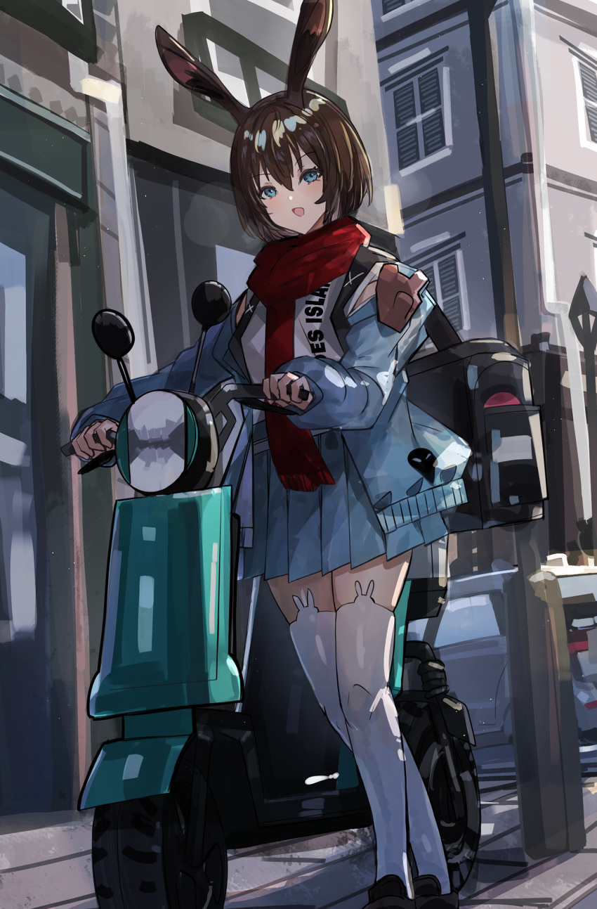 amiya_(arknights) amiya_(fresh_fastener)_(arknights) animal_ears arknights brown_hair building commentary_request female frilled_skirt frills full_body hair_between_eyes highres knees_together_feet_apart lamppost looking_at_viewer motor_vehicle official_alternate_costume open_mouth rabbit_ears rabbit_girl red_scarf scarf scooter short_hair skirt solo standing the_olphy thighhighs white_thighhighs window