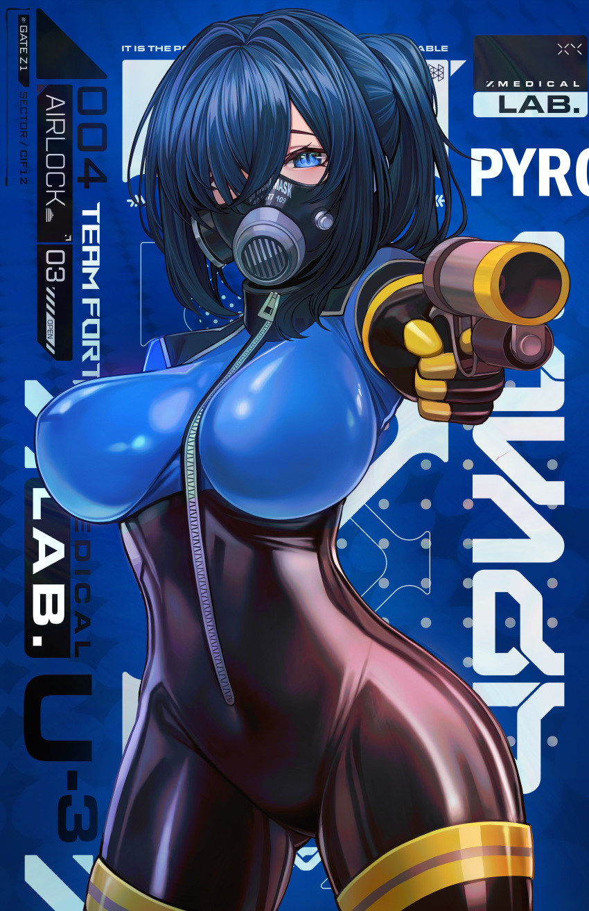 absurdres blu_pyro_(tf2) blue_eyes blue_hair bodysuit breasts commission english_text female flare_gun genderswap_(otf) gun hair_over_one_eye highres holding holding_gun holding_weapon looking_at_viewer mask nekodayo22 ponytail pyro_(tf2) respirator rule_63 solo team_fortress_2 weapon