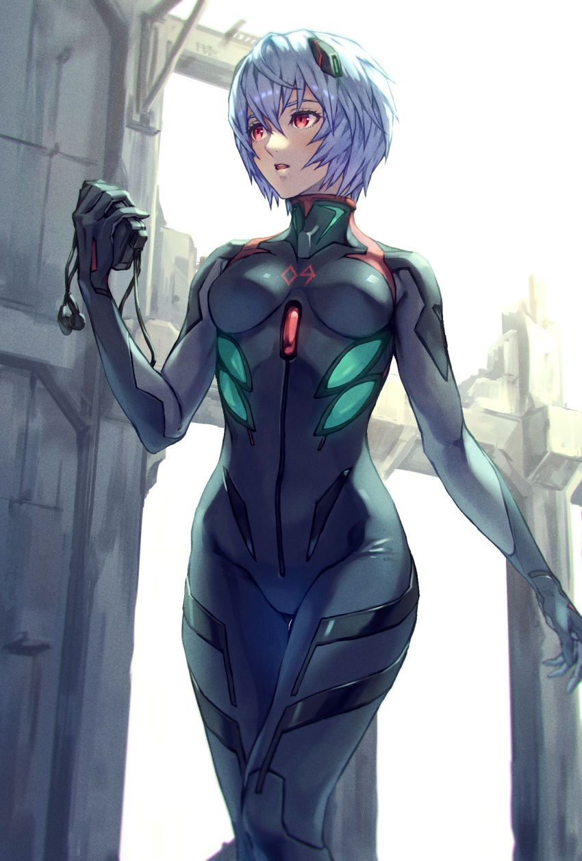 ayanami_rei blue_hair blush breasts earbuds earphones evangelion:_3.0+1.0_thrice_upon_a_time female hair_between_eyes headpiece highres md5_mismatch neon_genesis_evangelion open_mouth plugsuit rebuild_of_evangelion red_eyes short_hair solo tape_recorder teeth yoake_dawn01