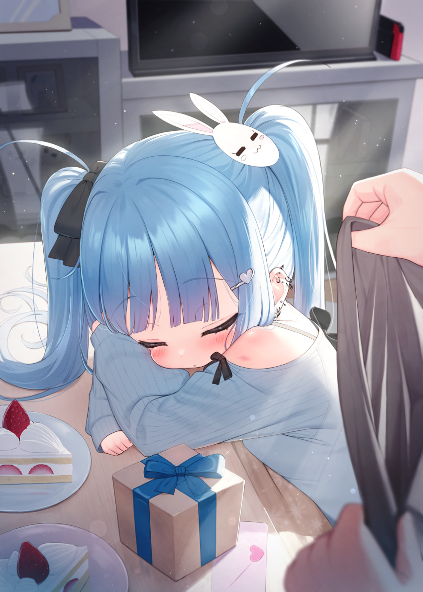 1boy bare_shoulders black_bow blue_hair blue_shirt blush bow box cake cake_slice closed_eyes closed_mouth commentary_request ear_piercing earrings female flat_screen_tv food fruit gift gift_box hair_ornament hairbow hairclip heart heart_hair_ornament highres holding indoors jewelry kanae_(tsukiman) kotatsu long_hair long_sleeves nintendo_switch off-shoulder_shirt off_shoulder original piercing plate rabbit_hair_ornament shirt sitting sleeping sleeves_past_wrists strawberry table television tsukiman twintails very_long_hair