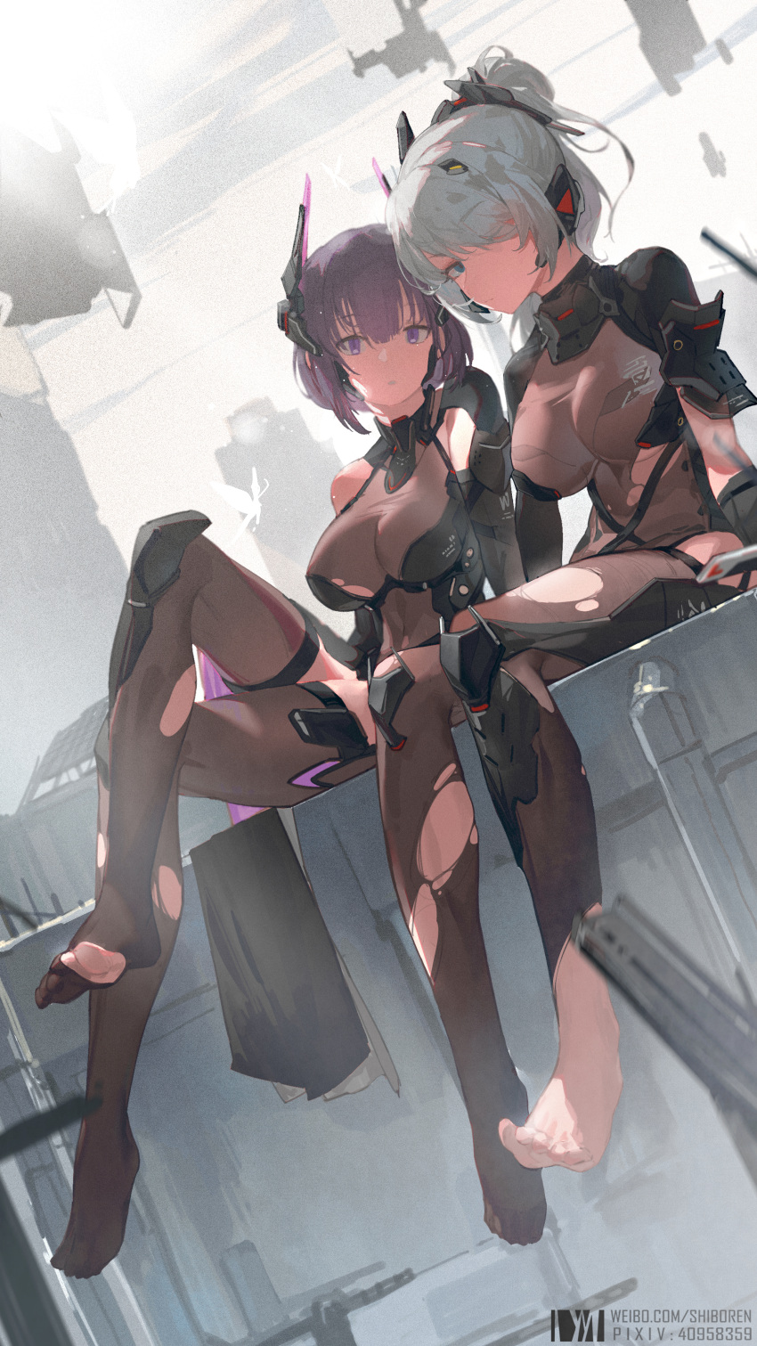 2girls absurdres aether_gazer barefoot blue_eyes bodystocking breasts brown_thighhighs commentary_request corrupted_metadata dm_(dai_miao) dutch_angle feet full_body grey_hair hair_over_one_eye headgear highres kotachi_(aether_gazer) large_breasts looking_at_viewer multiple_girls no_shoes purple_eyes purple_hair short_hair sitting thighhighs toes torn_bodystocking torn_clothes torn_thighhighs tsukuyomi_(aether_gazer)