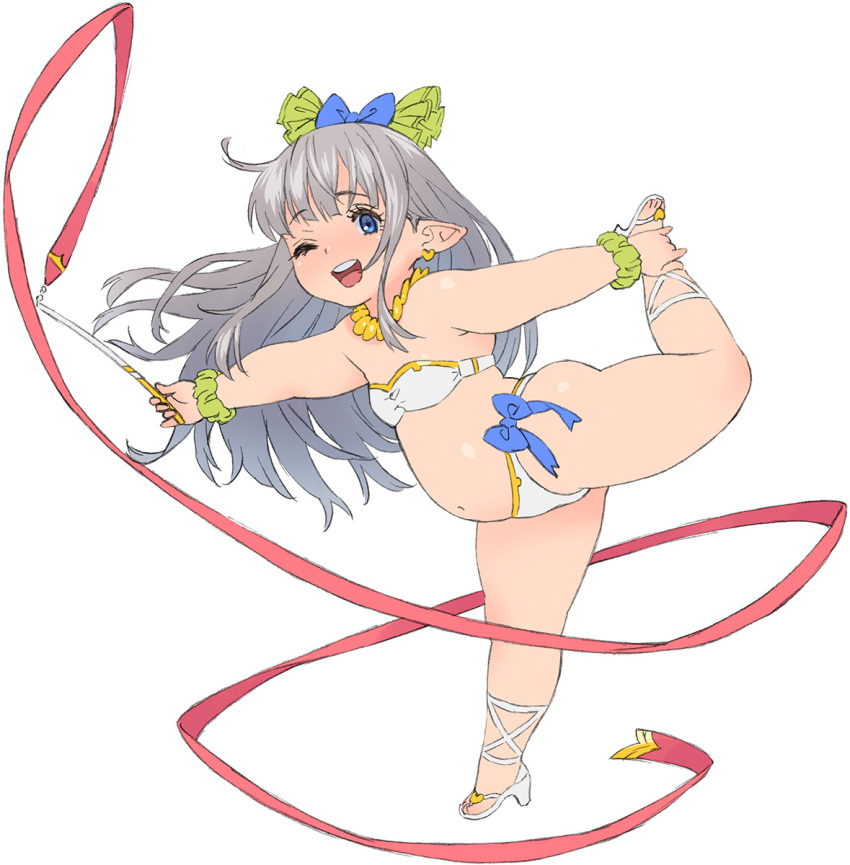 blue_bow blue_eyes bow breasts commentary_request earrings female full_body granblue_fantasy grey_hair hairbow harvin highres holding_own_leg jewelry jinroku leaning_forward lilele_(granblue_fantasy) long_hair looking_at_viewer navel one_eye_closed open_mouth pointy_ears red_ribbon ribbon simple_background small_breasts solo standing standing_on_one_leg tareme thick_arms thick_thighs thighs white_background white_footwear