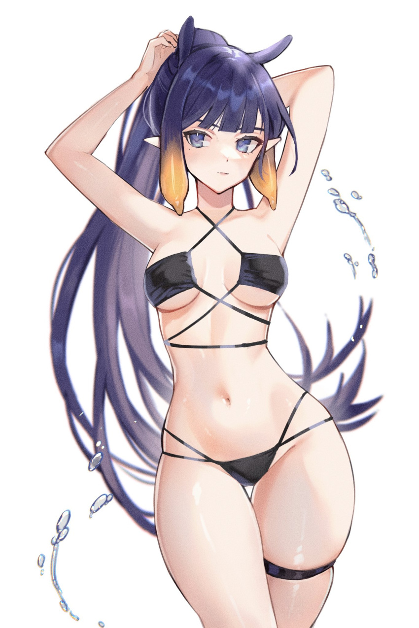 adjusting_hair arm_behind_head bare_arms bare_legs bare_shoulders bikini black_bikini blue_eyes blunt_bangs breasts closed_mouth commentary criss-cross_halter english_commentary evangellium female gradient_hair halterneck highres hololive hololive_english light_blush long_hair looking_at_viewer medium_breasts mole mole_under_eye multi-strapped_bikini_bottom multicolored_hair navel ninomae_ina'nis orange_hair pointy_ears purple_hair sidelocks simple_background solo stomach swimsuit tentacle_hair thigh_strap two-tone_hair very_long_hair virtual_youtuber water_drop white_background