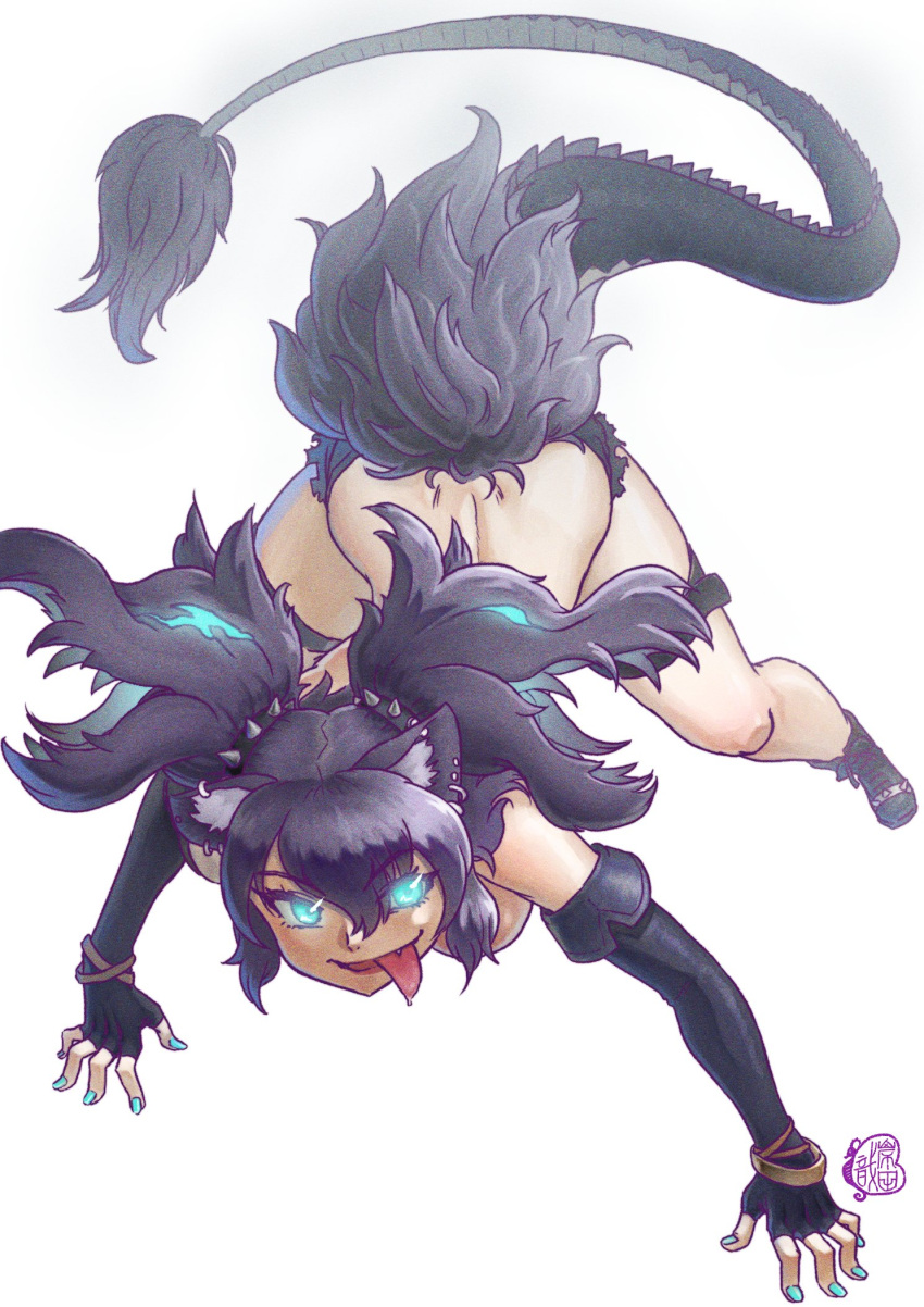 all_fours animal_ears aqua_eyes aqua_nails back big_hair black_tail boots bracelet breasts cerberus_(kemono_friends) convenient_censoring cutoffs dog_ears dragon_tail ear_piercing elbow_gloves evil_smile eyes_visible_through_hair female fingernails full_body gloves glowing glowing_eyes glowing_hair hair_between_eyes hair_censor highres jewelry kemono_friends kishida_shiki looking_at_viewer nail_polish no_scar oerba_yun_fang open_mouth parted_bangs piercing purple_hair short_shorts shorts simple_background smile solo spikes tail thigh_strap tongue tongue_out topless two_side_up white_background