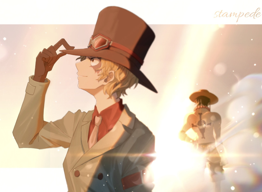 2boys adjusting_clothes adjusting_headwear alternate_costume arm_belt black_gloves black_headwear blonde_hair formal gloves goggles goggles_on_headwear hand_up hat highres kuromame_grimm long_sleeves male_focus multiple_boys necktie one_piece portgas_d._ace sabo_(one_piece) scar suit tattoo top_hat