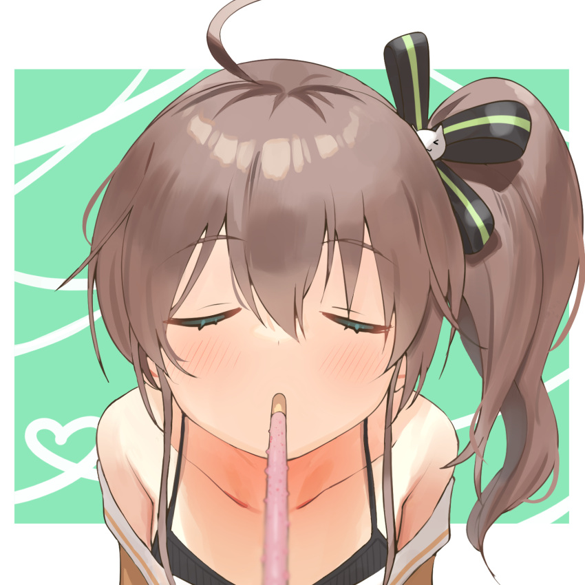 ahoge bare_shoulders blurry blush brown_hair closed_eyes collarbone commentary_request depth_of_field facing_viewer female food foreshortening hair_ribbon highres hololive incoming_pocky_kiss mouth_hold natsuiro_matsuri natsuiro_matsuri_(1st_costume) off_shoulder one_side_up pocky pocky_day pov ribbon side_ponytail solo twin_(tt_lsh) virtual_youtuber