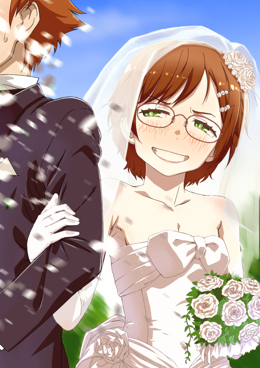 1boy bare_shoulders blush bouquet breasts bridal_veil bride brown_hair chounan day dress elbow_gloves female flower formal gloves godou_tsugumi hair_flower hair_ornament hairclip highres outdoors short_hair small_breasts smile suit sweatdrop tokimeki_memorial tokimeki_memorial_4 upper_body veil wedding_dress white_dress yahagi_sayuri