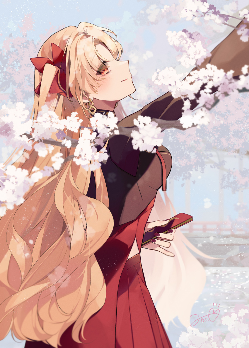 absurdres arm_up blonde_hair bow branch cherry_blossoms commentary cowboy_shot day earrings ereshkigal_(fate) ereshkigal_(youming_niangniang)_(fate) eyes_visible_through_hair fate/grand_order fate_(series) female flower folded_fan folding_fan from_side hairbow hand_fan high_collar highres holding holding_fan jewelry long_hair long_sleeves looking_away looking_up misaki346 nail_polish outdoors parted_bangs pinky_out profile reaching red_bow red_eyes red_nails signature smile solo tassel two_side_up very_long_hair vietnamese_dress white_flower