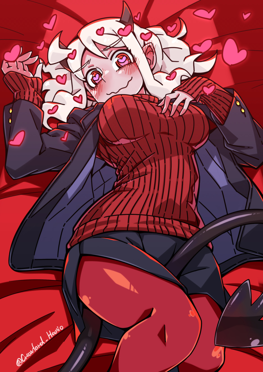 between_legs black_horns black_jacket black_tail blush breasts demon_girl demon_horns demon_tail female haniyama_kurofo heart heart-shaped_pupils helltaker highres horns jacket large_breasts looking_at_viewer lying modeus_(helltaker) on_back on_bed open_clothes pantyhose red_eyes red_pantyhose red_sweater ribbed_sweater skirt smile solo sweater symbol-shaped_pupils tail white_hair