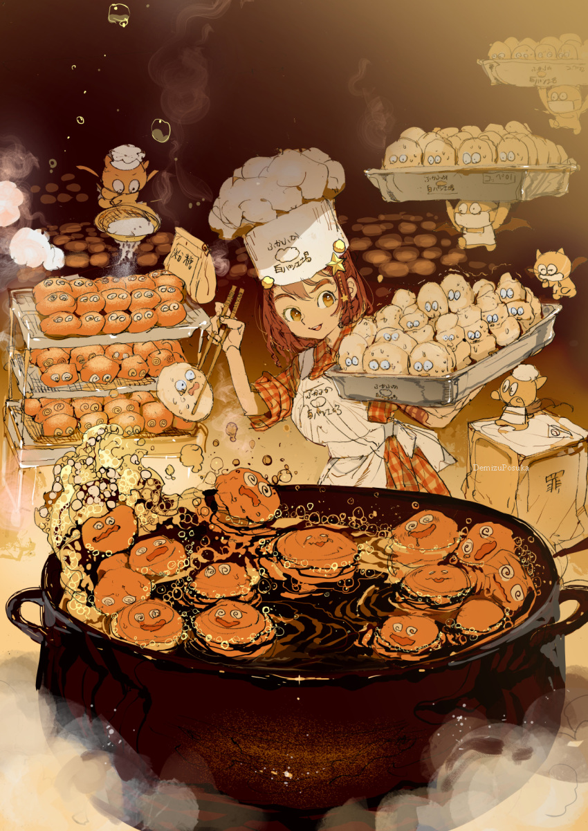 :d analogous_colors apron artist_name boiling brown_eyes brown_hair brown_theme bubble cauldron chef_hat chopsticks cooking cooking_oil creature deep_frying demizu_posuka dress female food gingham hair_ornament hat hat_ornament highres holding holding_chopsticks multiple_others open_mouth orange_dress original pastry scared sleeves_pushed_up smile standing star_(symbol) star_hair_ornament steam toque_blanche tray