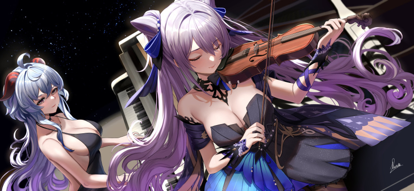 2girls absurdres ahoge bare_shoulders black_dress blue_hair breasts cleavage closed_eyes cone_hair_bun curled_horns detached_collar double_bun dress ganyu_(genshin_impact) genshin_impact goat_horns grand_piano hair_bun hair_ears highres horns instrument keqing_(genshin_impact) keqing_(opulent_splendor)_(genshin_impact) large_breasts long_hair multicolored_clothes multicolored_dress multiple_girls music official_alternate_costume official_alternate_hairstyle piano piukute062 playing_instrument playing_piano purple_eyes purple_hair purple_nails sideboob sidelocks sitting strapless strapless_dress two-tone_dress violin