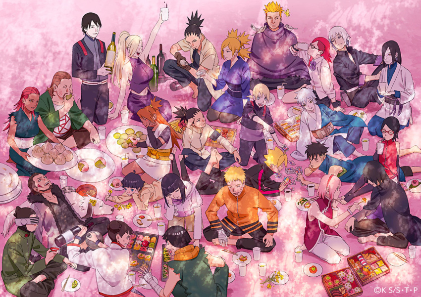 6+boys 6+girls aburame_shino akimichi_chouchou akimichi_chouji alcohol animal_on_shoulder beard belly bird bird_on_shoulder black-framed_eyewear black_hair blonde_hair boruto:_naruto_next_generations breasts brother_and_sister brown_gloves brown_hair cherry_blossoms closed_eyes commentary_request crossed_legs dark-skinned_female dark-skinned_male dark_skin drinking dumpling eating everyone facial_hair father_and_daughter father_and_son food food_request from_above full_body glasses gloves goatee hair_slicked_back hanami happy hoozuki_suigetsu husband_and_wife hyuuga_hinata ino_yamanaka inuzuka_kiba juugo_(naruto) karin_(naruto) karui_(naruto) kawaki_(boruto) lolicon long_hair medium_breasts mitsuki_(naruto) mother_and_daughter mother_and_son multiple_boys multiple_girls nara_shikadai nara_shikamaru naruto_(series) official_art orange_hair orange_shirt orochimaru_(naruto) pale_skin pink_hair ponytail red-framed_eyewear red_hair rock_lee sakura_haruno shirt short_hair siblings smile spiked_hair tenten_(naruto) uchiha_sarada uchiha_sasuke uzumaki_boruto uzumaki_himawari uzumaki_naruto yamanaka_inojin