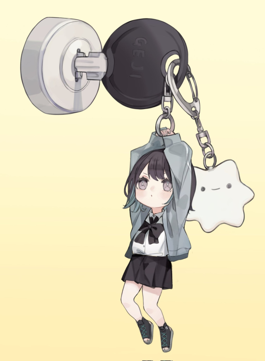 arms_up black_bow black_bowtie black_footwear black_hair black_skirt boukou-chan_(tokiwata_soul) bow bowtie charm_(object) chibi closed_mouth collared_shirt commentary_request dangling dot_mouth female full_body green_hair green_jacket grey_eyes highres jacket key long_sleeves mini_person minigirl miniskirt multicolored_hair original pleated_skirt shirt shoes short_hair simple_background skirt sleeves_past_wrists solo toeless_footwear tokiwata_soul two-tone_hair white_shirt yellow_background yellow_eyes