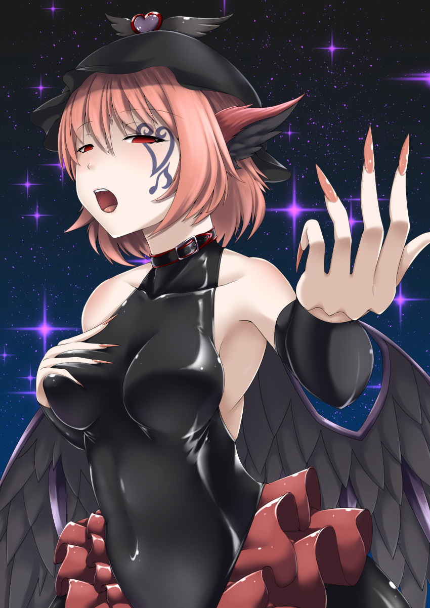 absurdres alternate_costume animal_ears bird_ears bird_wings black_wings breasts collarbone corruption covered_navel dark_persona facial_mark feathered_wings female fingernails hand_on_own_chest hat heart highres inyuppo large_breasts latex mob_cap music mystia_lorelei open_mouth pink_hair red_eyes sharp_fingernails shiny_clothes short_hair singing skin_tight teeth touhou upper_teeth_only winged_hat wings