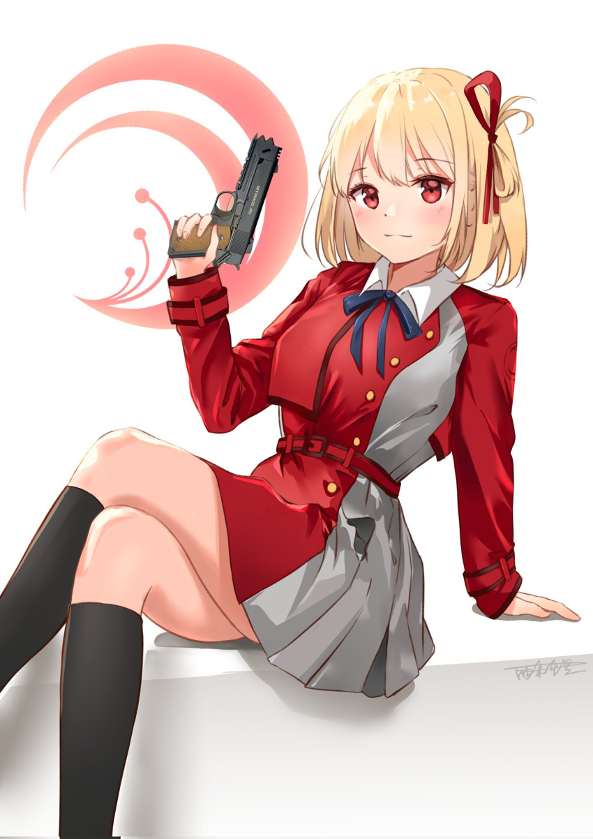 arm_support belt black_socks blonde_hair blue_ribbon blush bob_cut captain_yina closed_mouth collared_shirt commentary crossed_legs dress feet_out_of_frame female grey_dress gun hair_ribbon handgun highres holding holding_gun holding_weapon kneehighs light_smile long_sleeves looking_at_viewer lycoris_recoil lycoris_uniform m1911 neck_ribbon nishikigi_chisato pleated_dress red_belt red_dress red_eyes red_ribbon ribbon shirt signature sitting socks solo trigger_discipline two-tone_dress weapon white_shirt