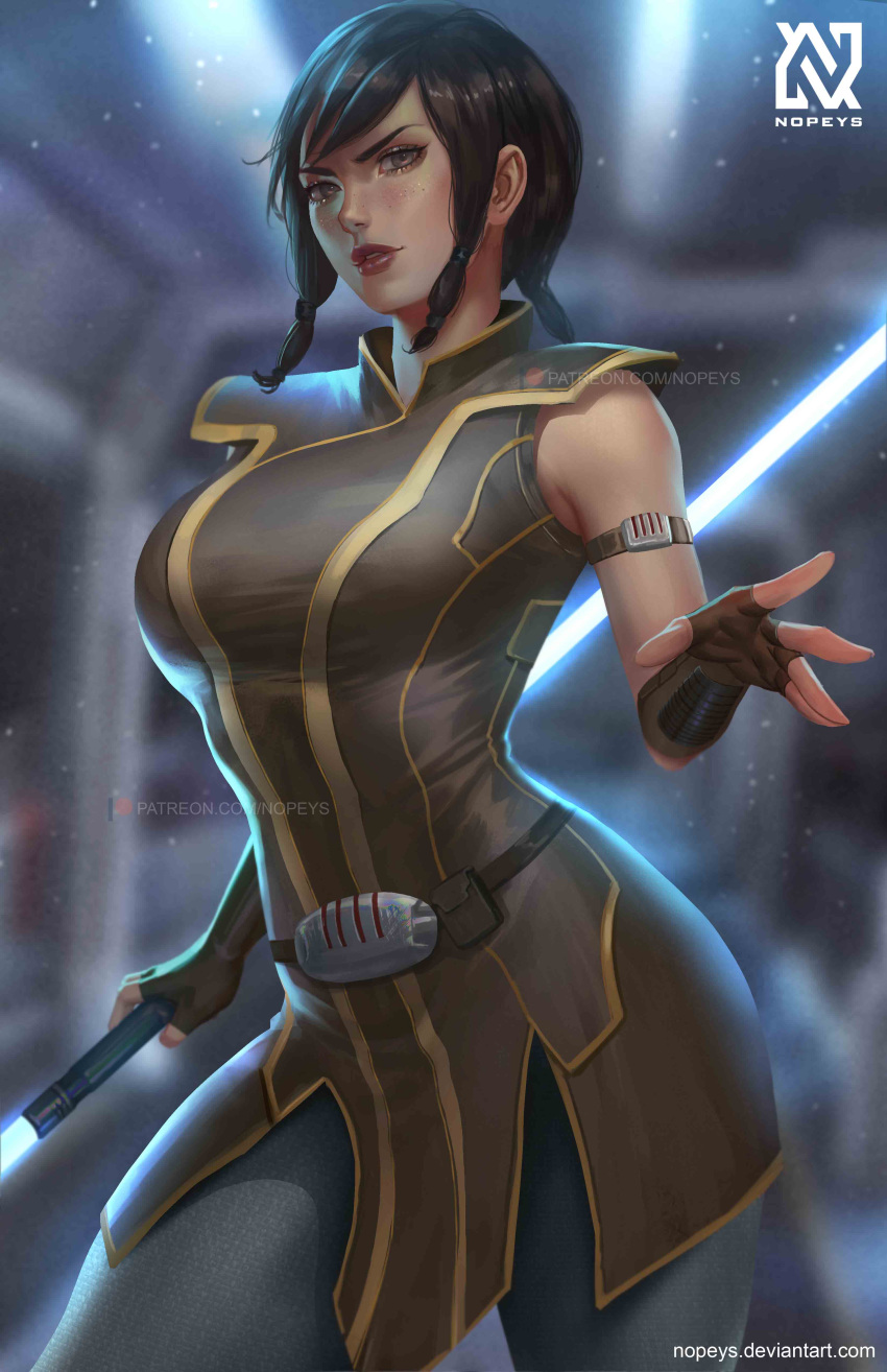 absurdres arm_strap black_hair blue_lightsaber blurry blurry_background breasts brown_eyes cowboy_shot double-blade energy_sword female fingerless_gloves gloves highres holding holding_lightsaber holding_weapon jedi lightsaber lips looking_at_viewer medium_breasts nopeys paid_reward_available saberstaff satele_shan short_hair sleeveless solo star_wars star_wars:_the_old_republic sword watermark weapon web_address