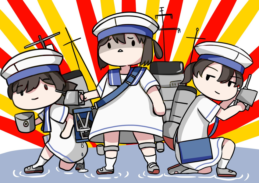 3girls adapted_turret black_hair blue_collar bob_cut cannon charlie's_angels collar daitou_(kancolle) dress eyes_visible_through_hair hat hiburi_(kancolle) high_ponytail highres kantai_collection ken_(shutenndouji1) low_ponytail machinery multiple_girls pose sailor_collar sailor_dress sailor_hat shoes short_hair short_sleeves shounan_(kancolle) sidelocks solid_circle_eyes standing standing_on_liquid sunburst sunburst_background turret twintails uwabaki white_dress white_headwear white_legwear