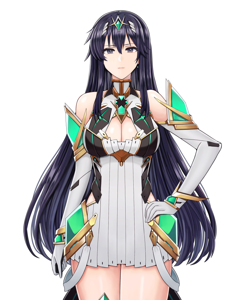 absurdres arm_guards ayra_(fire_emblem) backless_dress backless_outfit bare_legs bare_shoulders black_hair breasts chest_jewel cleavage cleavage_cutout clothing_cutout cosplay cowboy_shot dress earrings elbow_gloves expressionless female fire_emblem fire_emblem:_genealogy_of_the_holy_war gloves grey_eyes hand_on_own_hip highres jewelry large_breasts long_hair looking_at_viewer microdress mythra_(xenoblade) mythra_(xenoblade)_(cosplay) saikunartworks short_dress simple_background solo tiara very_long_hair white_background white_dress white_gloves xenoblade_chronicles_(series) xenoblade_chronicles_2