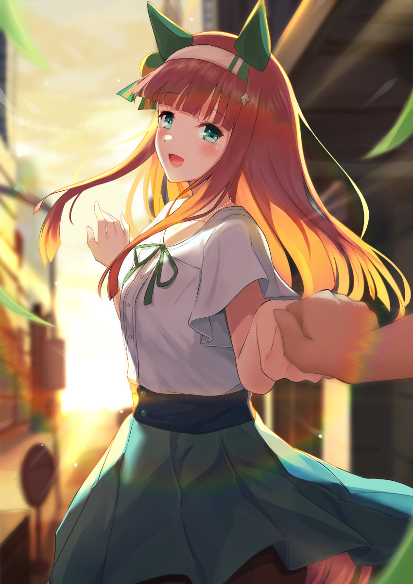 absurdres animal_ears blurry blurry_background casual collarbone commentary_request female headband highres horse_ears horse_girl horse_tail igayan jewelry long_hair looking_at_viewer necklace orange_hair pov pov_hands second-party_source silence_suzuka_(umamusume) solo_focus sunset tail umamusume