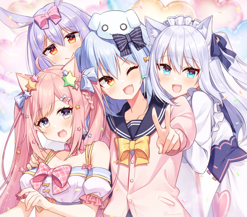 1boy 3girls :d ;d animal_ear_fluff animal_ears blue_hair blush cat_ears dog_ears enomiya_milk grey_hair hair_ornament highres himesaki_yuzuru inuyama_tamaki inuyama_tamaki_(1st_costume) looking_at_viewer multiple_girls noripro oerba_yun_fang one_eye_closed open_mouth otoko_no_ko pink_hair purple_hair rabbit_ears shirayuki_mishiro smile star_(symbol) star_hair_ornament upper_body uruha_(yw1109) v virtual_youtuber