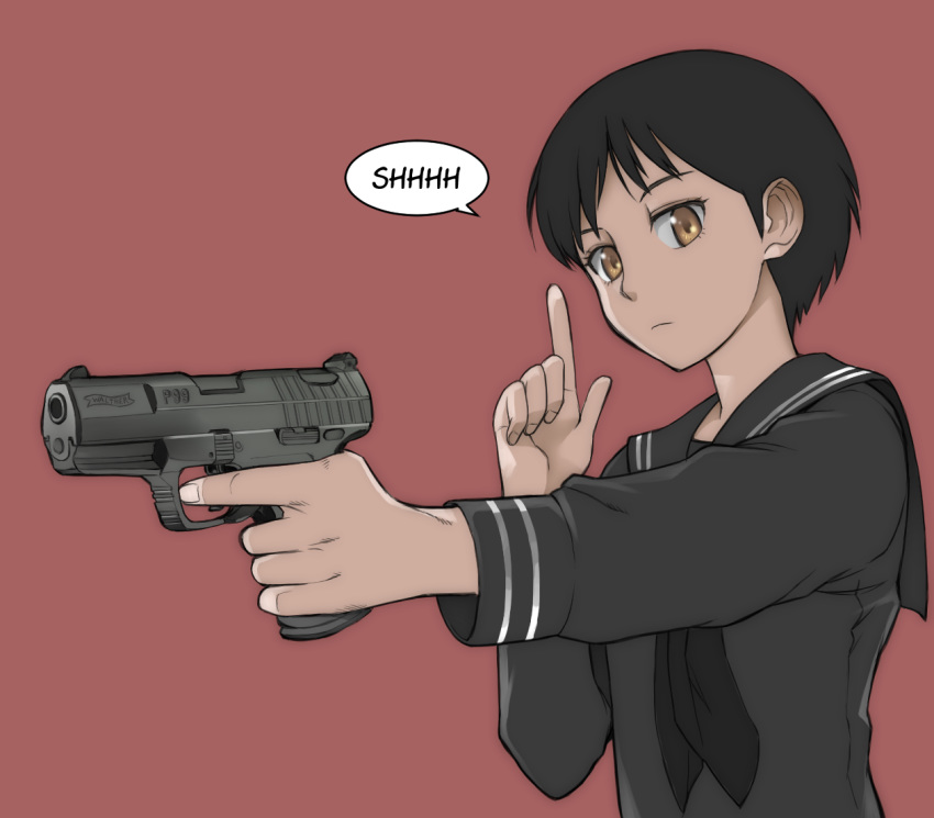 black_hair black_neckerchief black_sailor_collar black_serafuku brown_eyes commentary english_text expressionless female finger_on_trigger finger_to_mouth gun handgun holding holding_gun holding_weapon index_finger_raised kikumaru_bunta light_frown looking_at_viewer neckerchief original red_background sailor_collar school_uniform serafuku short_hair shushing simple_background solo speech_bubble upper_body very_short_hair walther walther_p99 weapon