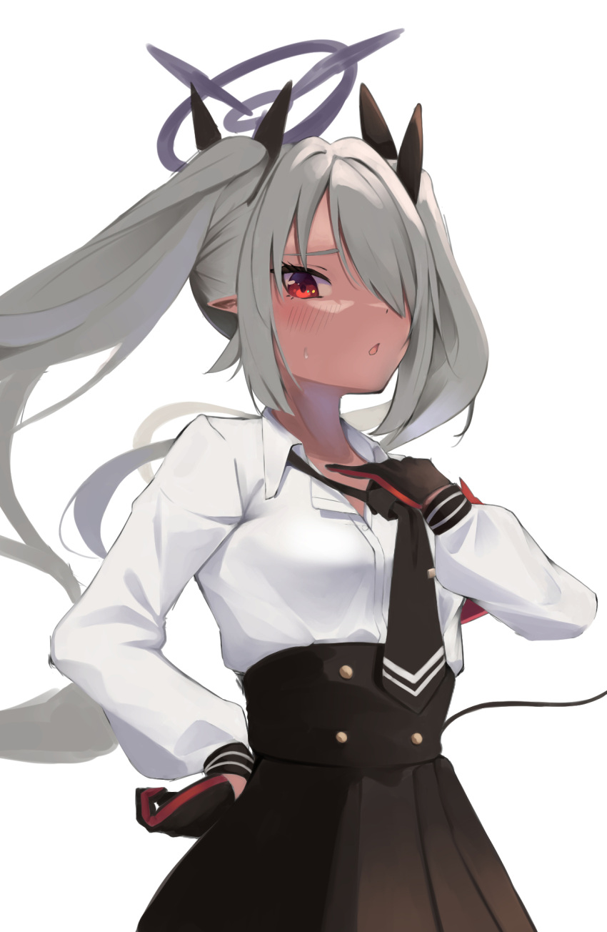 akinoji_(akiponpon27) black_gloves black_necktie blue_archive blush buttons chestnut_mouth dark-skinned_female dark_skin demon_tail double-breasted female from_side gloves grey_hair hair_over_one_eye hair_ribbon halo hand_on_own_hip high-waist_skirt highres iori_(blue_archive) long_hair looking_at_viewer loose_necktie necktie pointy_ears red_eyes ribbon skirt solo tail twintails very_long_hair