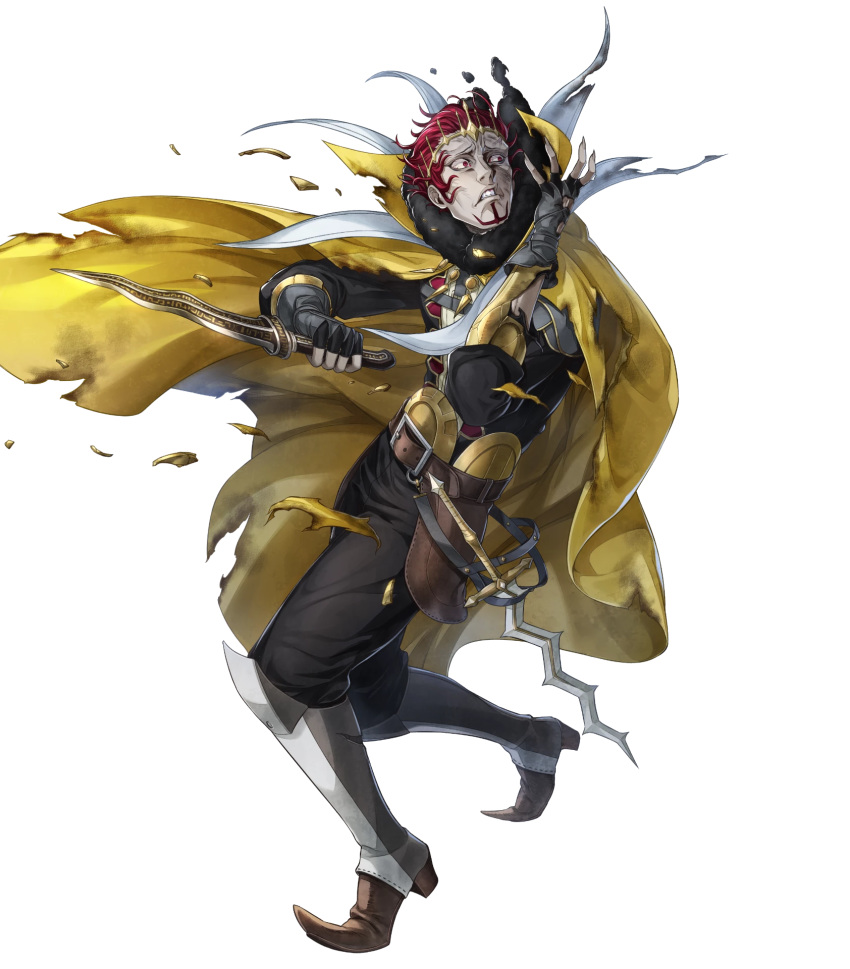 1boy argon_(exys) back beard belt boots cape dagger facial_hair fingerless_gloves fire_emblem fire_emblem_awakening fire_emblem_heroes full_body fur_trim gangrel_(fire_emblem) gloves highres injury knife male_focus non-web_source official_art red_eyes red_hair solo sword teeth tiara torn_clothes transparent_background weapon