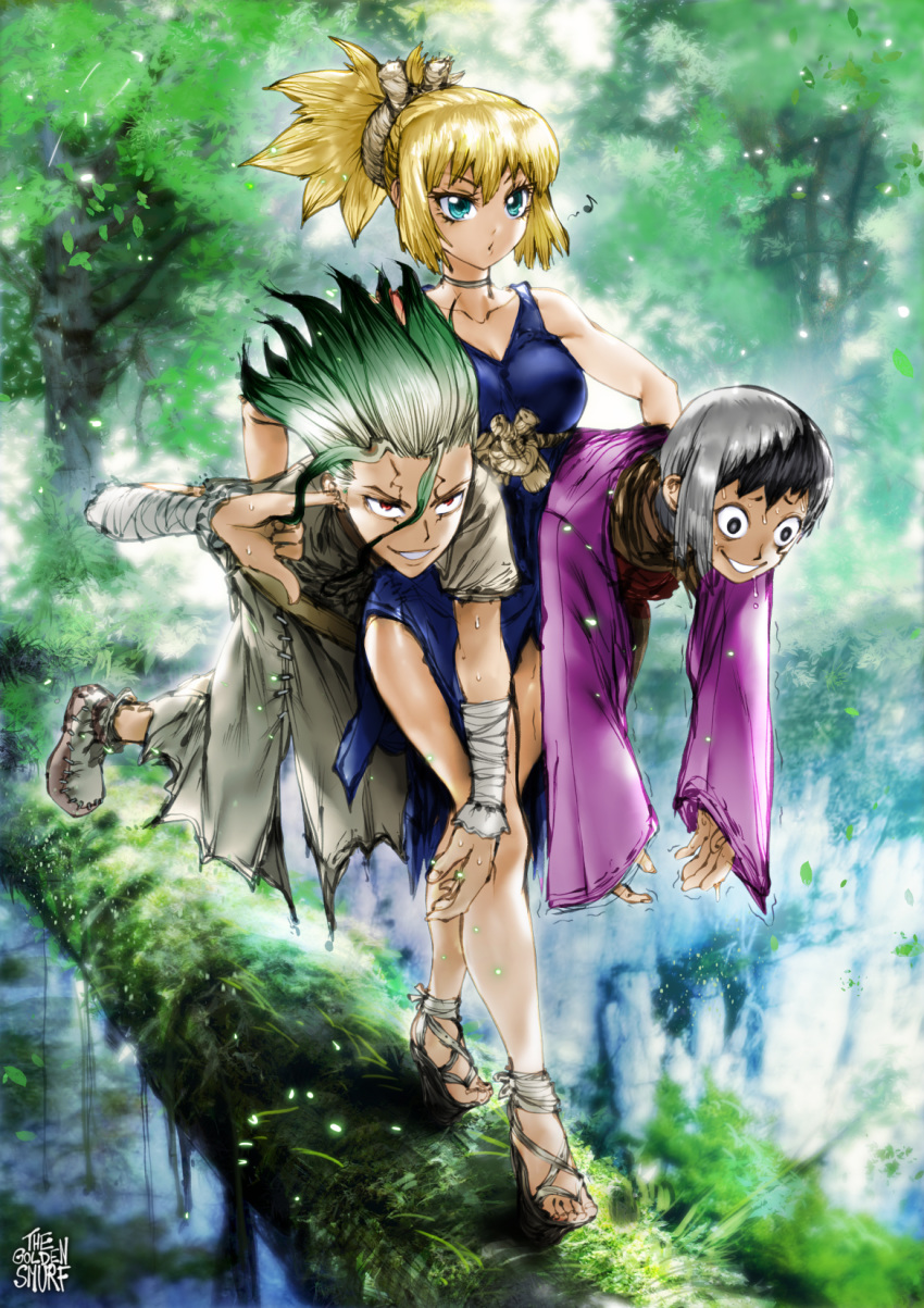 2boys aqua_eyes asagiri_gen asymmetrical_hair bare_legs black_hair blue_dress breasts carrying carrying_under_arm choker cliff commentary cracked_skin dr._stone dress empty_eyes english_commentary female finger_in_ear forest geta green_hair grey_hair highres ishigami_senkuu kohaku_(dr._stone) log long_hair medium_breasts multicolored_hair multiple_boys nature photoshop_(medium) red_eyes sandals scar scared short_ponytail spiked_hair split-color_hair the_golden_smurf toes trembling two-tone_hair whistling