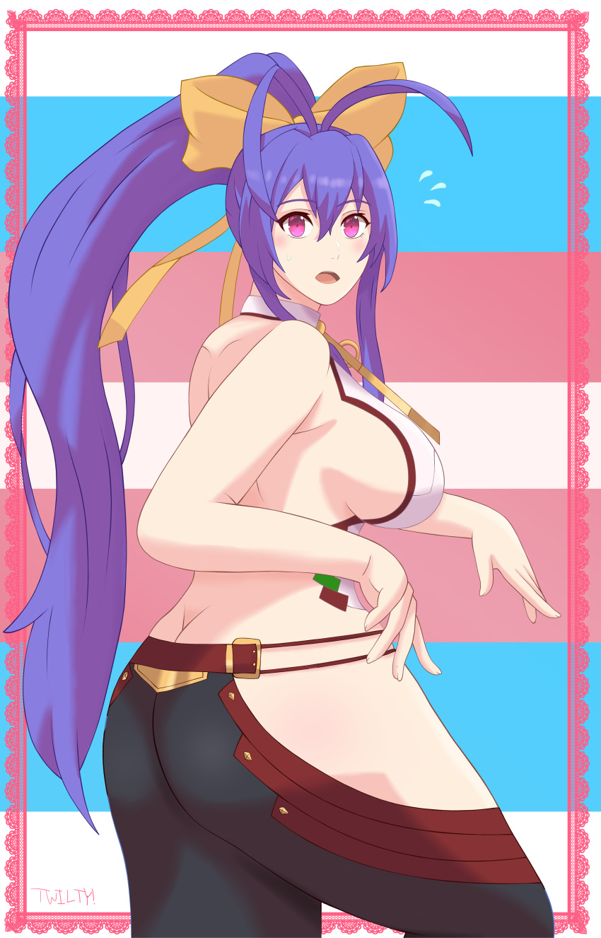 absurdres antenna_hair blazblue blazblue_remix_heart blazblue_variable_heart bow breasts butt_crack female hair_between_eyes hairbow highres large_breasts long_hair looking_at_viewer mai_natsume nervous pink_eyes ponytail purple_eyes purple_hair shirt sideboob transgender_flag twilthero very_long_hair white_shirt