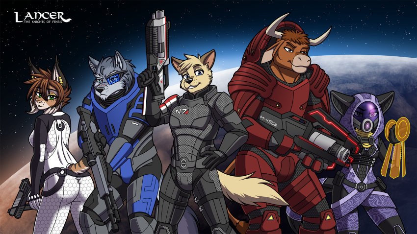 16:9 2022 anthro army ass bioware bodysuit bosco_mattrick bovid bovine breasts brown_body brown_fur brown_hair canid canine canis cattle clothed clothing commander_shepard cosplay digital_media_(artwork) domestic_dog electronic_arts felid feline female fennec_fox fox fur garrus_vakarian grey_body grey_fur group gun hair handgun heresy_(artist) hi_res hood horn jake_marshall lancer:_the_knights_of_fenris lynx male mammal mask mass_effect mika_fadeneir miranda_lawson pistol planet ranged_weapon rifle rolf_garret scar skinsuit smile space tali'zorah tan_body tan_fur tawny_fenner tight_clothing true_fox urdnot_wrex weapon widescreen wolf