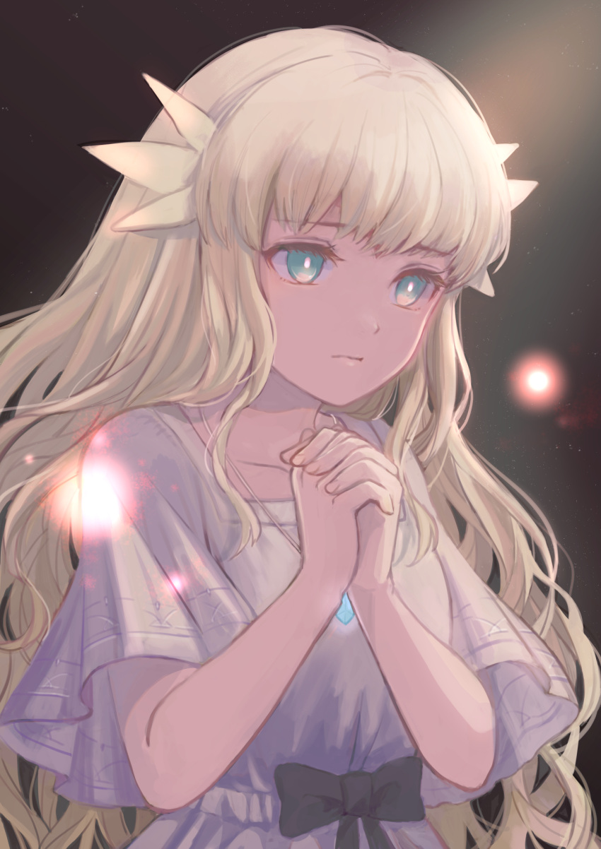 black_bow blonde_hair blue_eyes bow dress ender_lilies_quietus_of_the_knights female flat_chest fuwamoko_momen_toufu gem highres jewelry lily_(ender_lilies) long_hair necklace praying simple_background solo very_long_hair white_dress