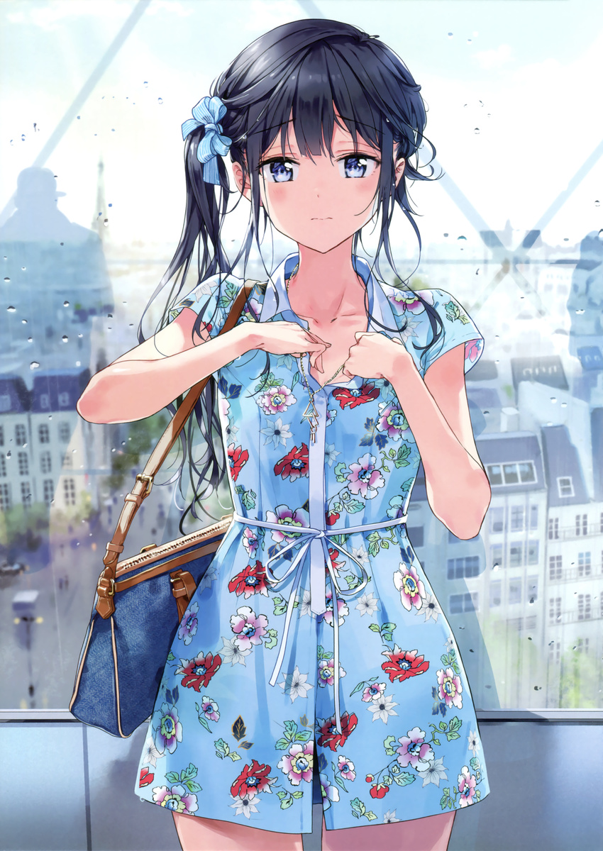 absurdres adagaki_aki bag black_hair blue_bag blue_eyes blush bottle bow building closed_mouth collarbone cowboy_shot dress eiffel_tower female floral_print highres indoors jewelry lamppost long_hair looking_at_viewer masamune-kun_no_revenge necklace oerba_yun_fang paris print_dress real_world_location reflection sash scan short_sleeves shoulder_bag side_ponytail skirt standing striped striped_bow tiv water_bottle window