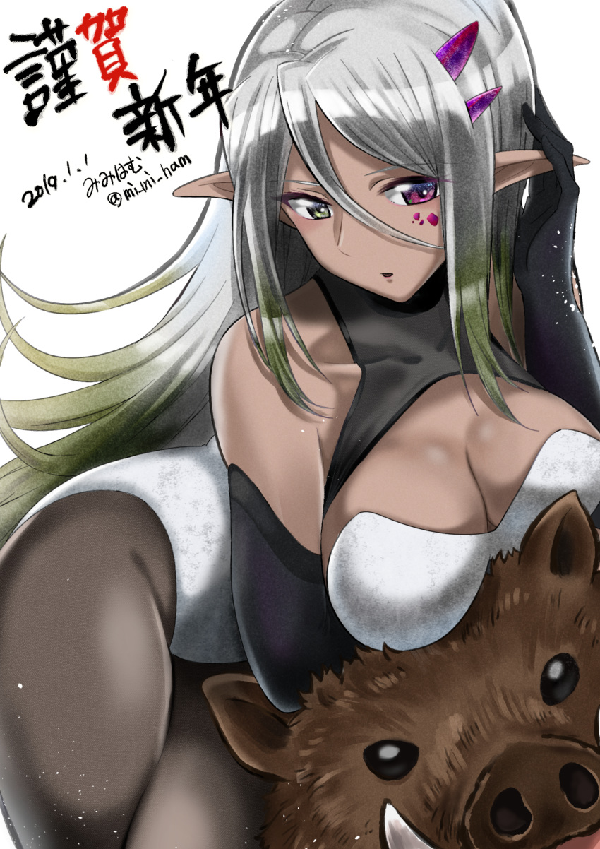 2019 animal bare_shoulders black_gloves boar breasts chinese_zodiac cleavage commentary_request covered_collarbone dark-skinned_female dark_elf dark_skin dated elf facial_mark female gloves gradient_hair green_eyes green_hair grey_hair grey_pantyhose hair_between_eyes hand_up heterochromia highres large_breasts leotard light_particles mi_mi_ham multicolored_hair new_year open_mouth original pantyhose partial_commentary pink_eyes pointy_ears rikka_(mi_mi_ham) solo straight_hair two-tone_hair white_leotard year_of_the_pig