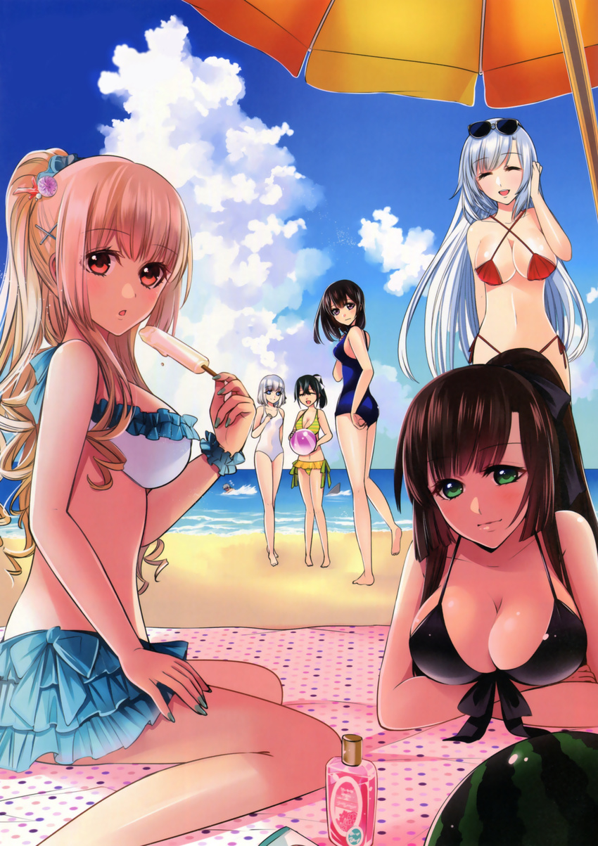 6+girls absurdres aiba_asagi akatsuki_kojou akatsuki_nagisa beach bikini bikini_skirt black_bikini black_ribbon blonde_hair breasts brown_hair casual_one-piece_swimsuit cleavage day frilled_bikini frills grey_hair hair_ornament hair_ribbon highres himeragi_yukina holding kanase_kanon kirasaka_sayaka la_folia_rihavein large_breasts long_hair lying manyako_(mohumohu) multiple_girls ocean on_stomach one-piece_swimsuit outdoors ponytail red_bikini ribbon school_swimsuit shark short_hair short_ponytail side-tie_bikini_bottom strike_the_blood swimsuit white_bikini white_one-piece_swimsuit