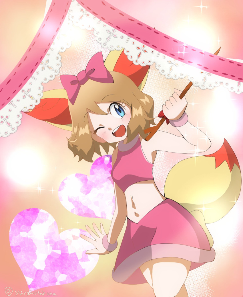 boots breasts crop_top female fennekin_(cosplay) midriff miniskirt navel pokemon serena_(pokemon) skirt stick wide_hips