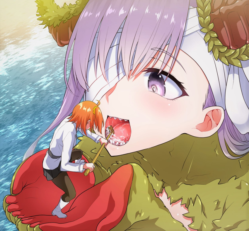 2girls :d bandage_over_one_eye black_pantyhose boots brushing_teeth chaldea_uniform commentary_request fate/grand_order fate_(series) fujimaru_ritsuka_(female) giant giantess horns kingprotea_(fate) kingprotea_(second_ascension)_(fate) multiple_girls ocean open_mouth pantyhose pleated_skirt purple_eyes purple_hair ricochet-gou sharp_teeth side_ponytail skirt smile teeth